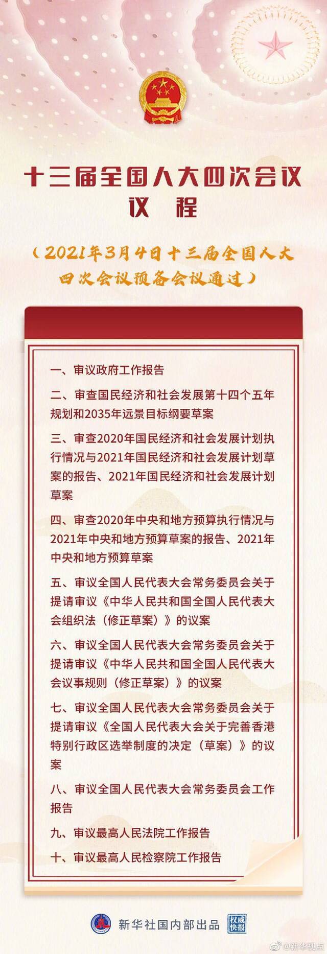 十三届全国人大四次会议议程公布，将审议完善香港特别行政区选举制度决定草案