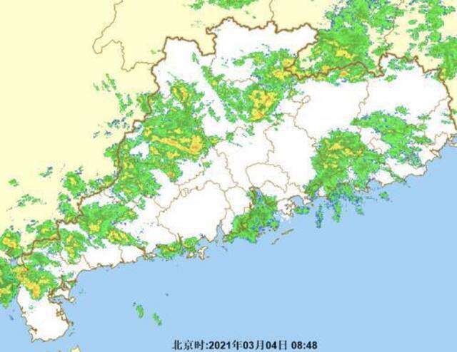  4日8时48分，气象雷达影像显示广东地区有较多降雨回波市气象台官网截图