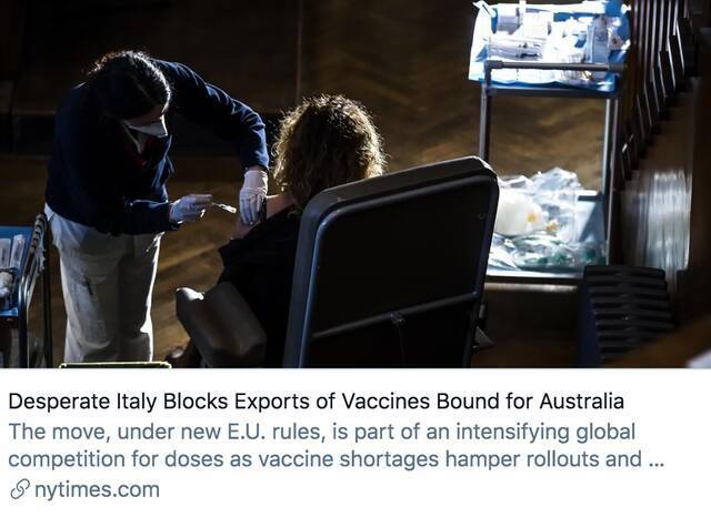 绝望的意大利禁止向澳大利亚出口疫苗。/《纽约时报》报道截图