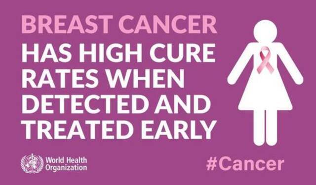 世卫组织3月8日发布的图片，意为“如果能够及早发现和治疗，乳腺癌的治愈率很高”。