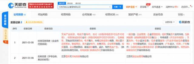 原“章泽天文化发展有限公司”更名 经营范围新增