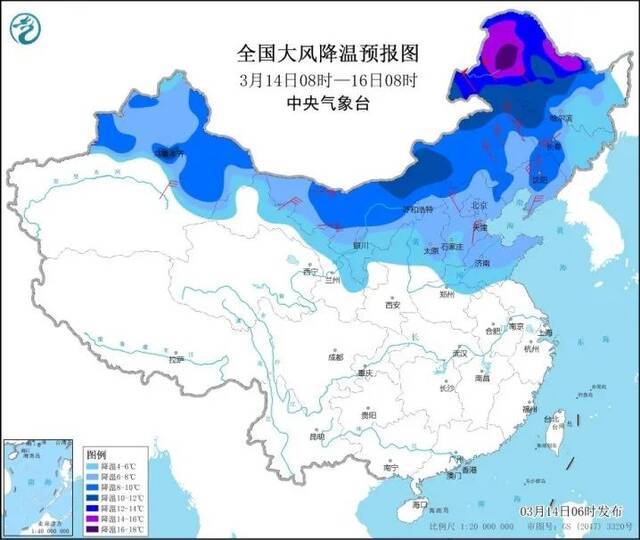 全国大风降温预报。图源：中央气象台