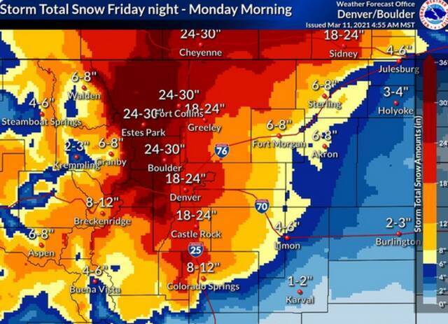 美国国家气象局此前预测的各地降雪量示意图