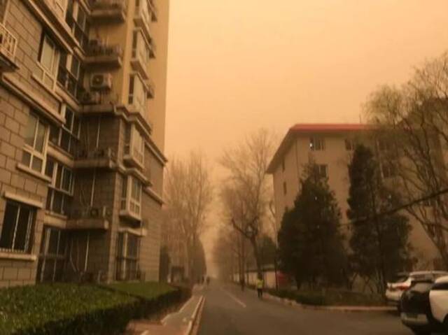 （图说：沙尘暴之下的北京街道图源：被访者供图）