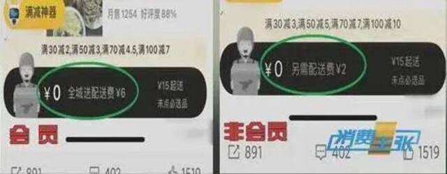 不同账户订餐配送费不同（图源：央视新闻）