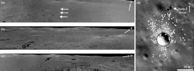 图 4（a）、（b）和（c）“玉兔二号”月球在第13、14和15月昼获取的全景影像镶嵌图。（d）撞击坑周围的石块空间分布