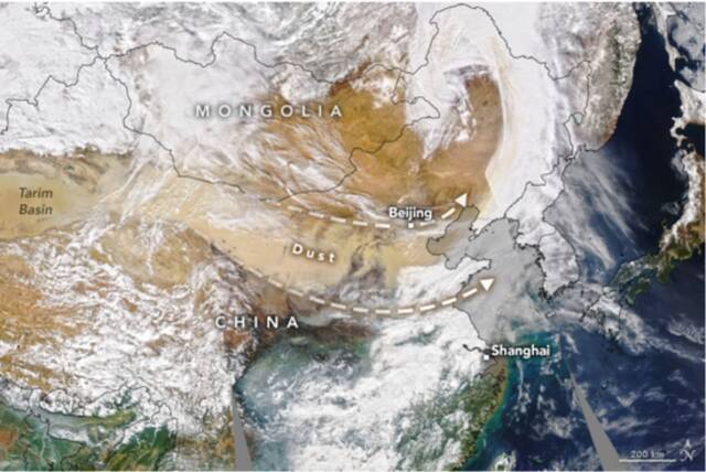 沙尘暴路线。/美国国家航空航天局（NASA）报道截图