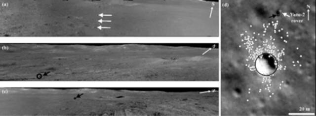 △“玉兔二号”月球在第13、14和15月昼获取的全景影像镶嵌图（左）以及撞击坑周围的石块空间分布（右）