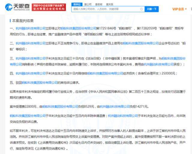 蚂蚁科技集团起诉一网贷平台商标侵权 获赔25万