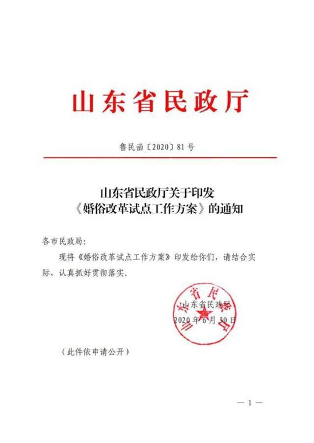 山东省民政厅关于印发《婚俗改革试点工作方案》的通知。