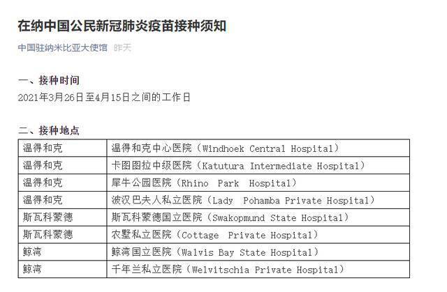 我驻纳米比亚使馆发布在纳中国公民新冠肺炎疫苗接种须知