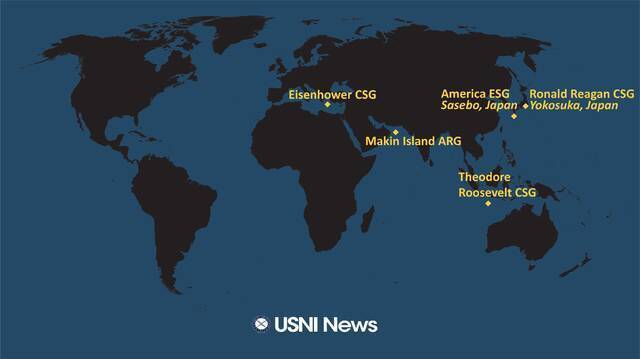 当地时间3月22日，美国海军“艾森豪威尔”号航母仍在地中海区域图源：USNI