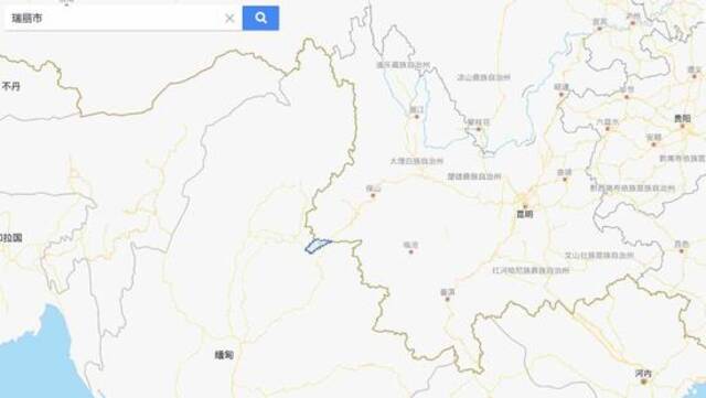 瑞丽位于我国西南边境，与缅甸接壤，图中蓝色框位置为瑞丽