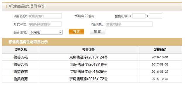北京市住建委官网显示，优山美地D区（备案名“鲁美芳苑”）领取多个批次预售许可证。