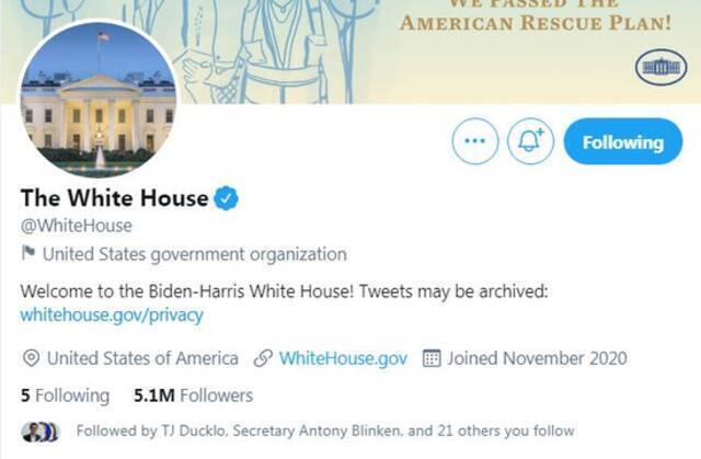 白宫的官方网站和Twitter帐户近日列出了“拜登-哈里斯政府”。
