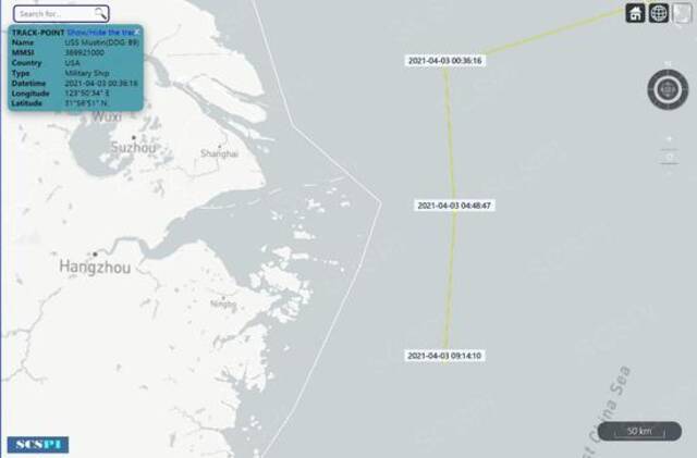 “南海战略态势感知”计划平台4月3日公布的美军驱逐舰航行信息图