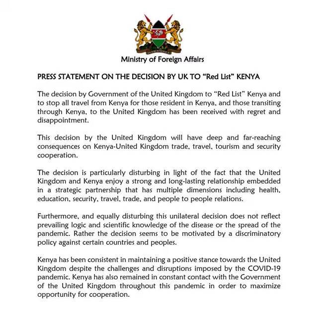 肯尼亚谴责英国将其列入禁止入境旅行“红色名单”