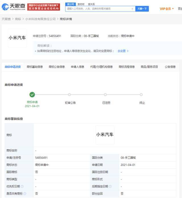 小米关联公司正式申请注册“小米汽车”商标