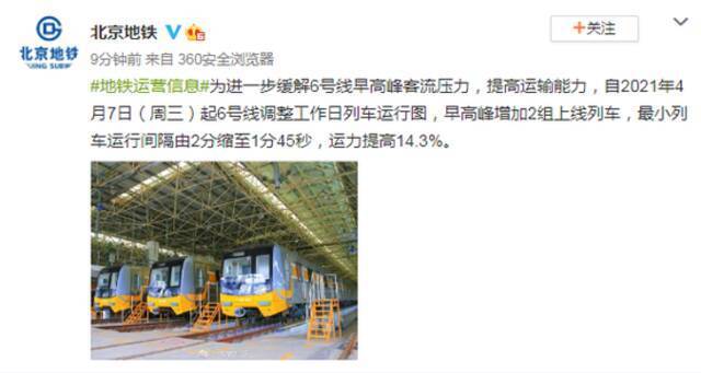 北京地铁6号线4月7日起调整工作日列车运行图：最小列车运行间隔缩至1分45秒