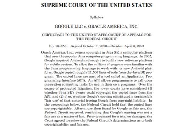 “谷歌vs甲骨文”世纪版权官司落槌 美国高院改判谷歌胜诉