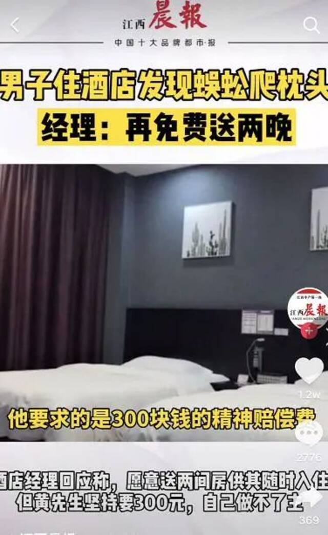 大学生入住酒店枕边有蜈蚣索赔三百遭拒 经理：免费送两晚