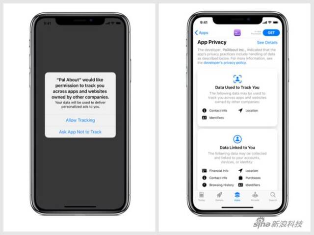 跟踪用户之前会先征求用户同意（左），App Store的隐私页面（右）