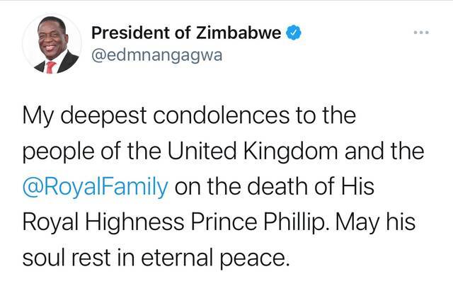 津巴布韦总统姆南加古瓦就菲利普亲王逝世表示哀悼