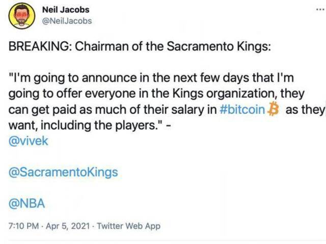 拉纳戴夫在其社交网络账号上宣布将比特币作为国王队支付薪资方式的信息的截图