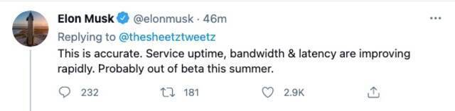 马斯克：星链服务可能将在今年夏季结束Beta测试