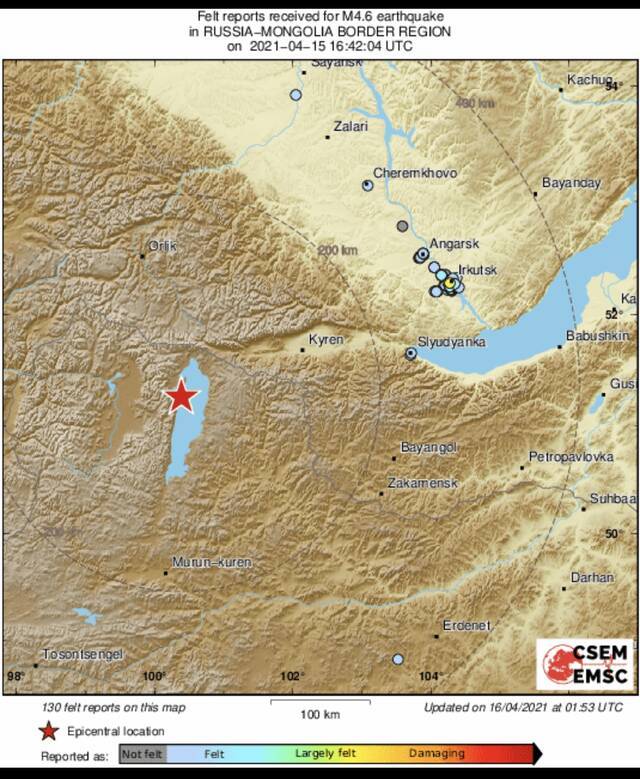 俄罗斯和蒙古国边境地区发生4.6级地震