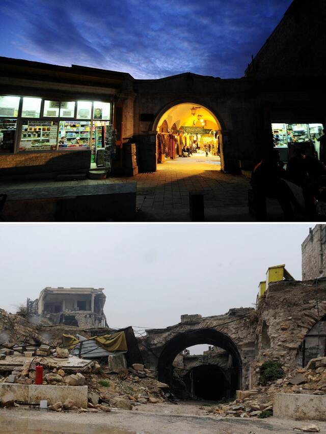 △2008年（上）与战乱后（下），阿勒颇一处露天市场