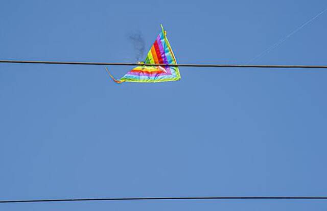 2021年2月14日，在海口市万绿园，一个风筝缠上输电线。人民视觉资料图