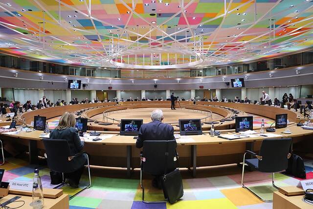 △4月19日，欧盟外长理事会会议图片来源：欧洲理事会网站