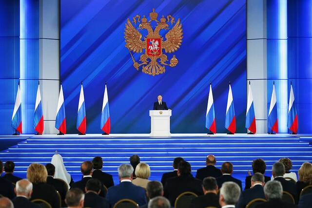 当地时间2021年4月21日，俄罗斯莫斯科，俄罗斯总统普京在莫斯科向俄议会上下两院发表国情咨文。人民视觉图