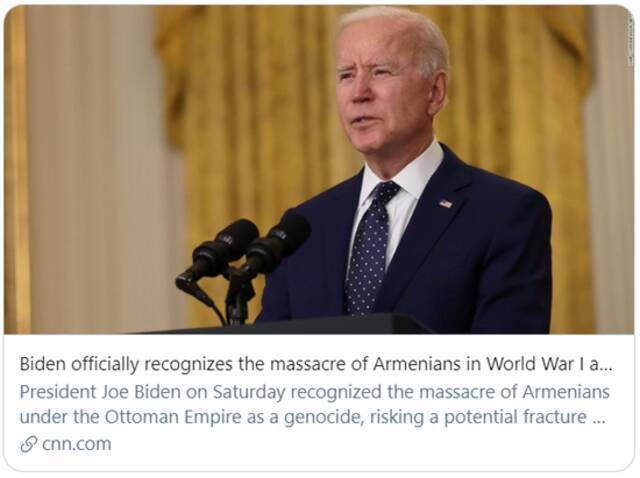 拜登正式承认一战期间针对亚美尼亚人的屠杀是“种族灭绝”行径。/CNN报道截图