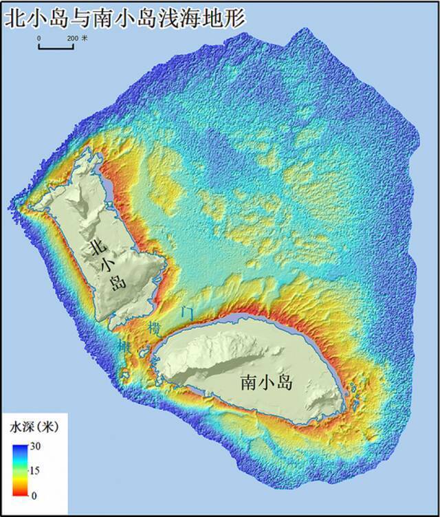 图7北小岛与南小岛浅海地形图，图片来源：自然资源部