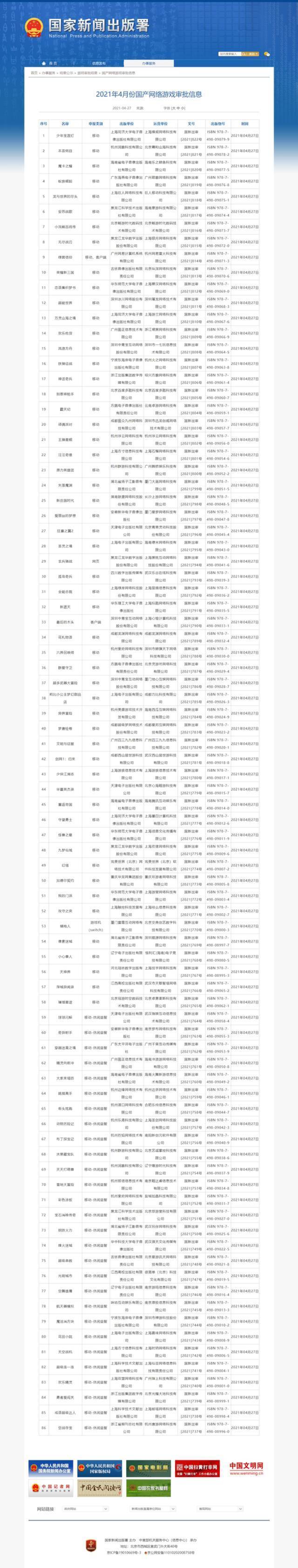 国家新闻出版署发布4月份国产网络游戏审批信息