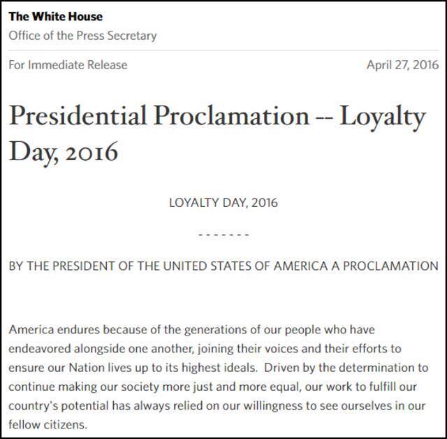 例如2016年时任总统奥巴马发布的忠诚日声明