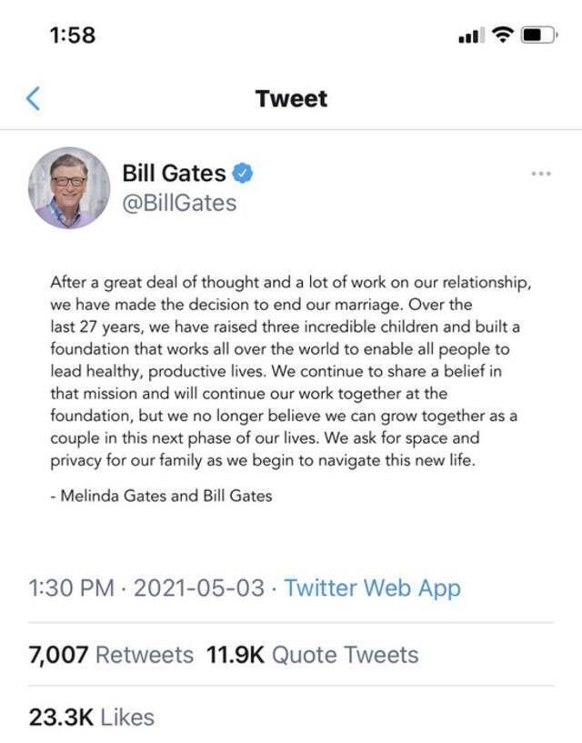 65岁的微软创始人盖茨在Twitter宣布自己离婚的消息