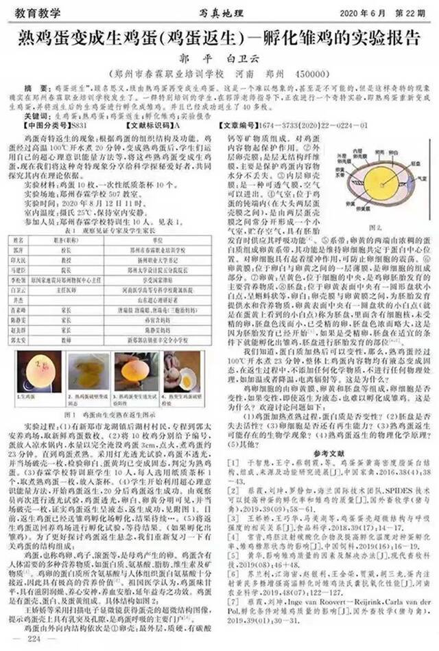 《熟鸡蛋变成生鸡蛋（鸡蛋返生）-孵化雏鸡的实验报告》文章截图。