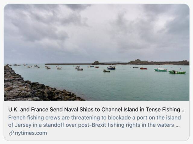 英国和法国在海峡群岛捕鱼纠纷中召集军舰。/《纽约时报》报道截图