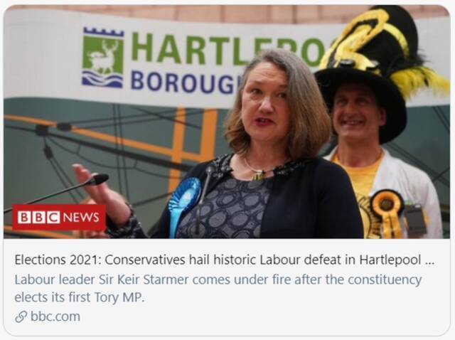  2021选举：英国保守党历史性赢下哈特尔浦选区。/BBC报道截图