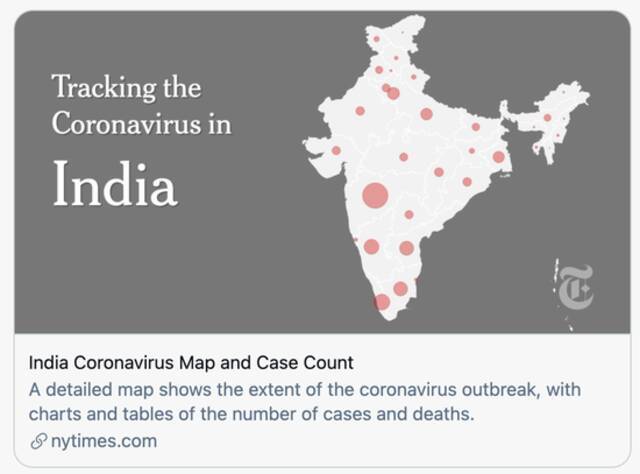 印度新冠病毒图谱和病例数。/《纽约时报》报道截图