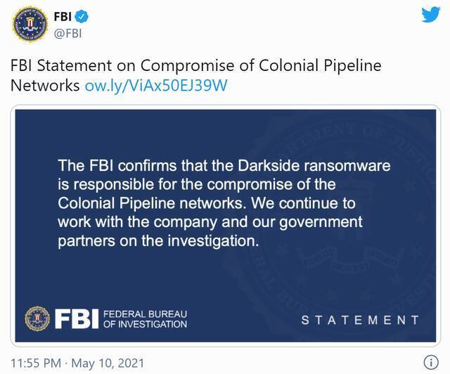 FBI认定：勒索软件“黑暗面”对美国最大成品油管道运营商网络遇袭负有责任