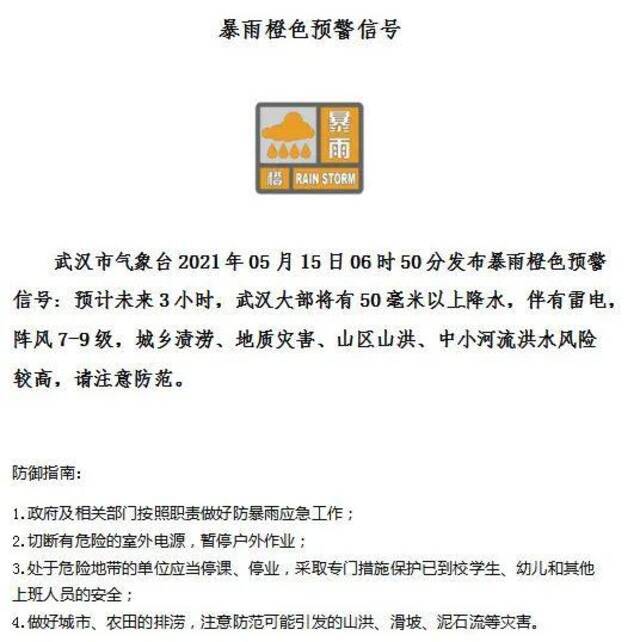 武汉气象台连发多个暴雨橙色预警 未来几小时有暴雨雷电大风 请注意防范！