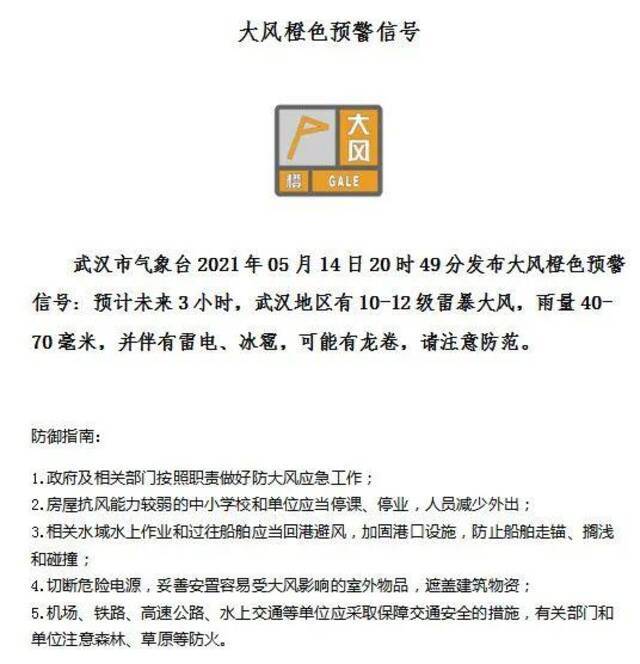 武汉气象台连发多个暴雨橙色预警 未来几小时有暴雨雷电大风 请注意防范！
