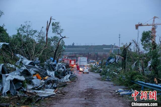 龙卷风过境后的武汉市蔡甸区土桐公路。张畅摄
