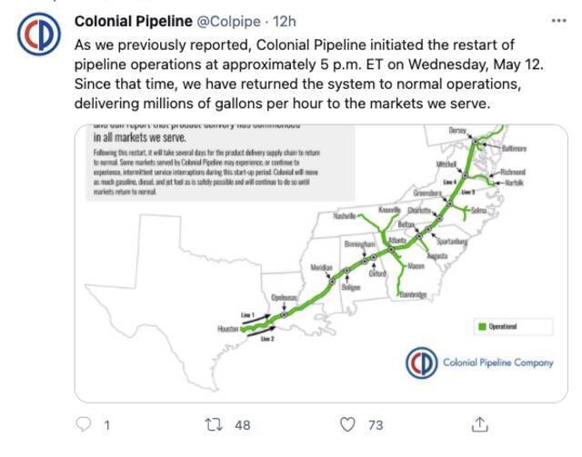 美大型输油管道运营商科洛尼尔宣布全面恢复正常营运