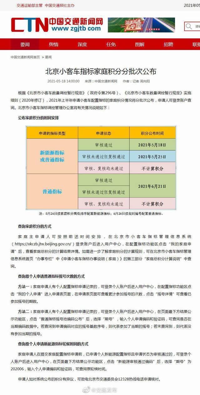 北京小客车指标家庭积分分批次公布