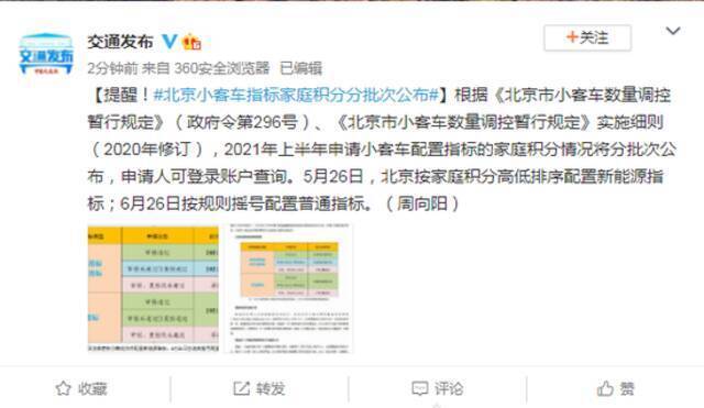 北京小客车指标家庭积分分批次公布
